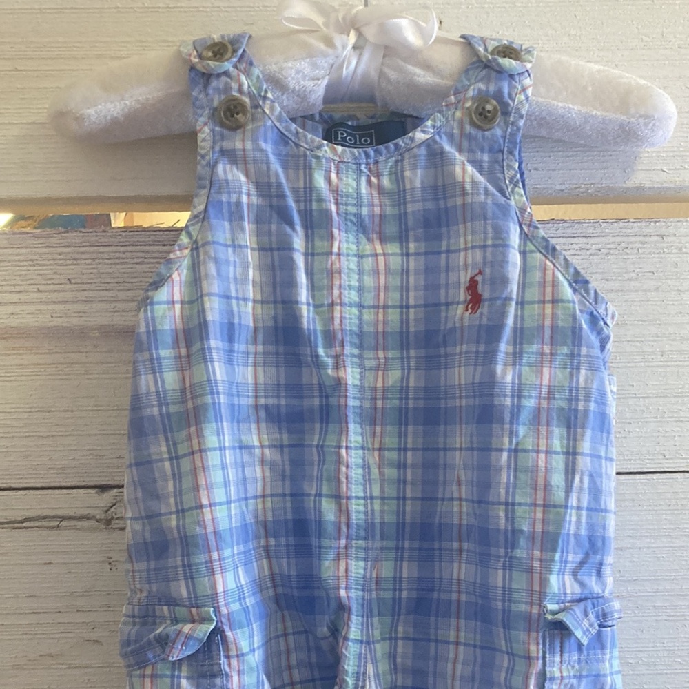POLO RALPH LAUREN Vintage Baby Boys' Blue Tartan Plaid Shortall Overalls